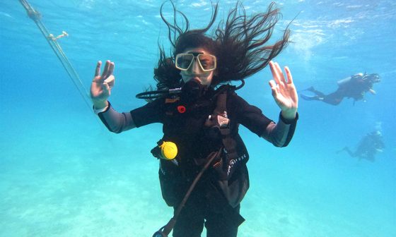 Divers descending at Abu Ramada coral wall in Hurghada